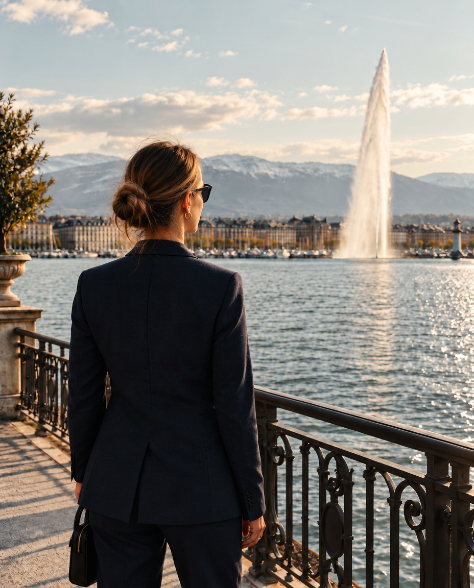 Sabrina on the Geneva lakeside facing the Jet d'Eau
